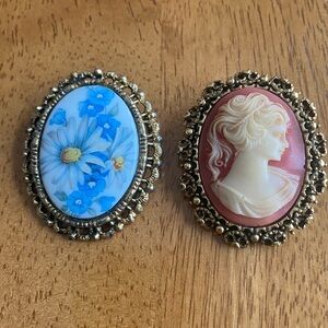 Vintage Cameo and Floral Brooch Set